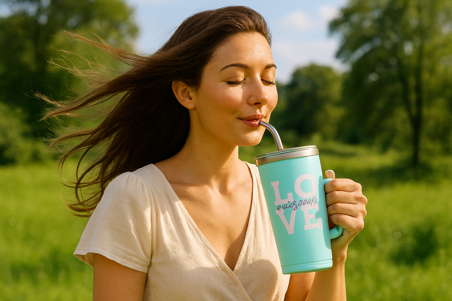 Woman-drinking-from-her-tumbler